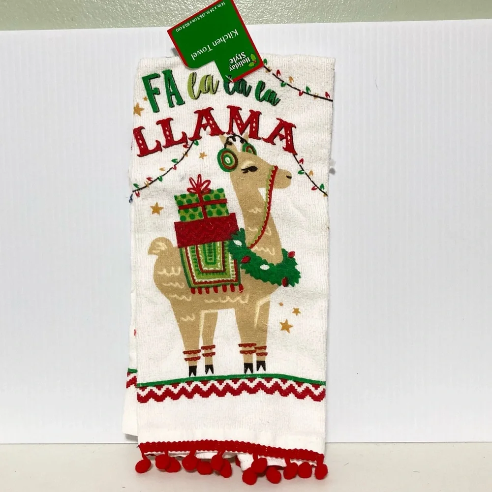 Christmas Fa la la LLAMA Red Pom Poms Kitchen Dishtowel 14 x 24 inches